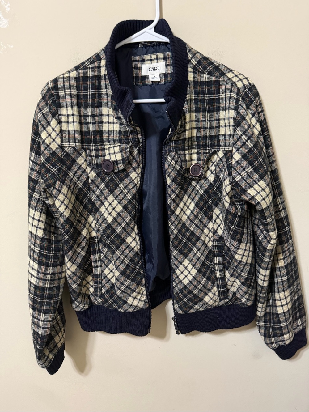 Cato medium retro chic Navy and Cream Plaid Bomber Jacket euc